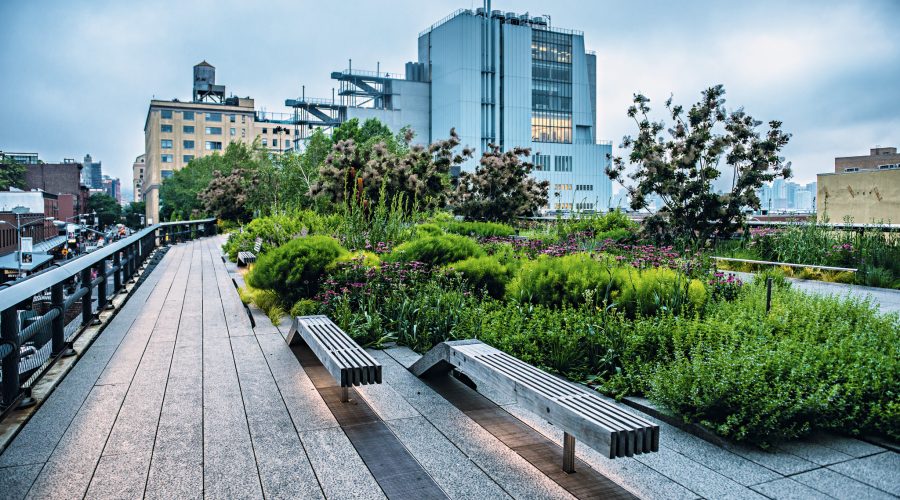 HIgh Line Park. Urban public park on an historic freight rail line in New York City, Manhattan. High Line Park at the evening.