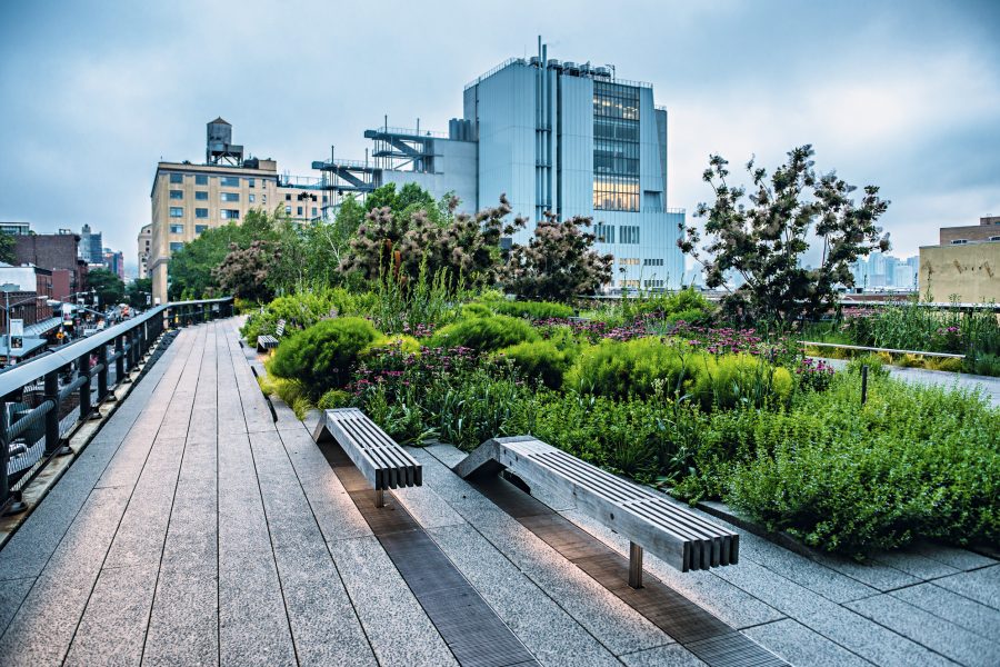 HIgh Line Park. Urban public park on an historic freight rail line in New York City, Manhattan. High Line Park at the evening.