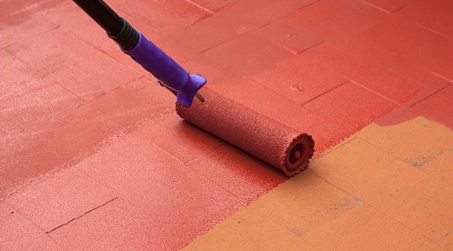 Contract,Painter,Painting,A,Floor,On,Color,Red,For,Waterproofing.