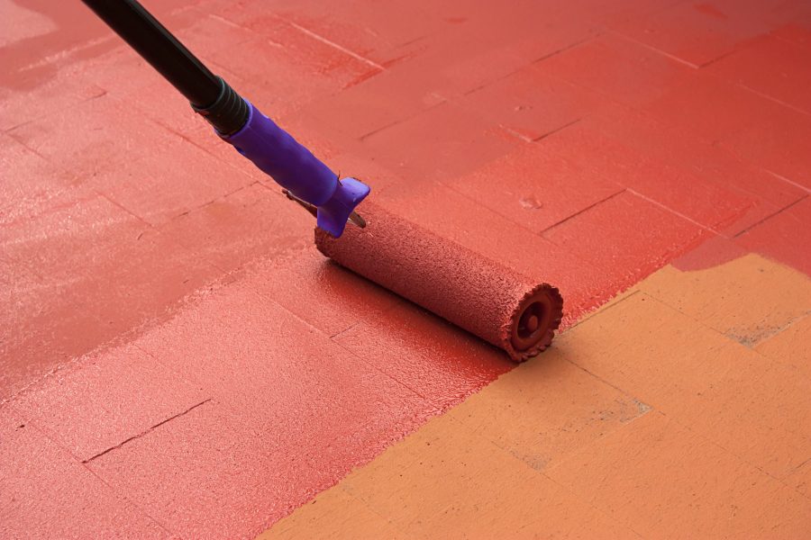 Contract,Painter,Painting,A,Floor,On,Color,Red,For,Waterproofing.